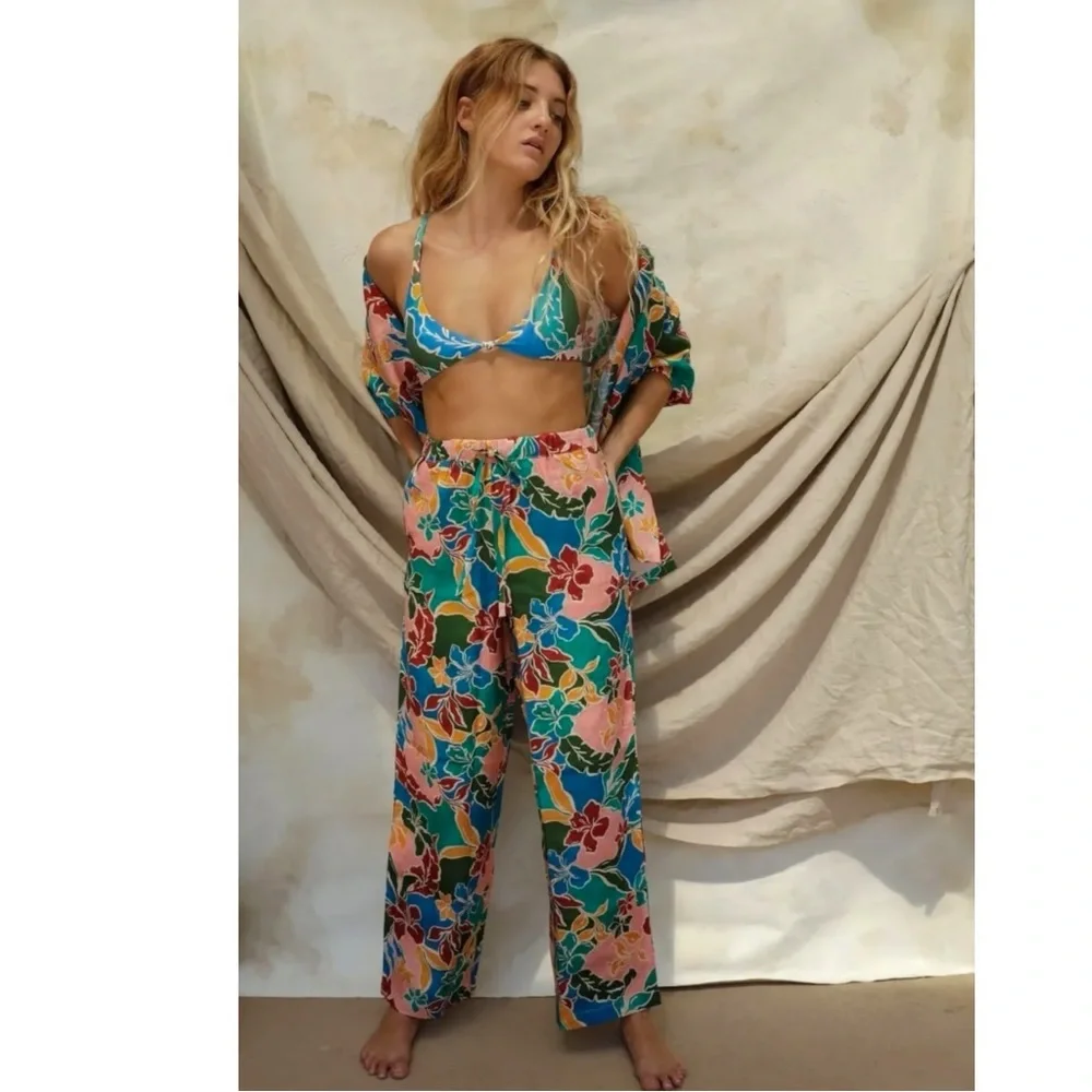 Stone Fox Swim X Free People Gita Linen Pants in Fiesta Floral XS Wide Leg NEW